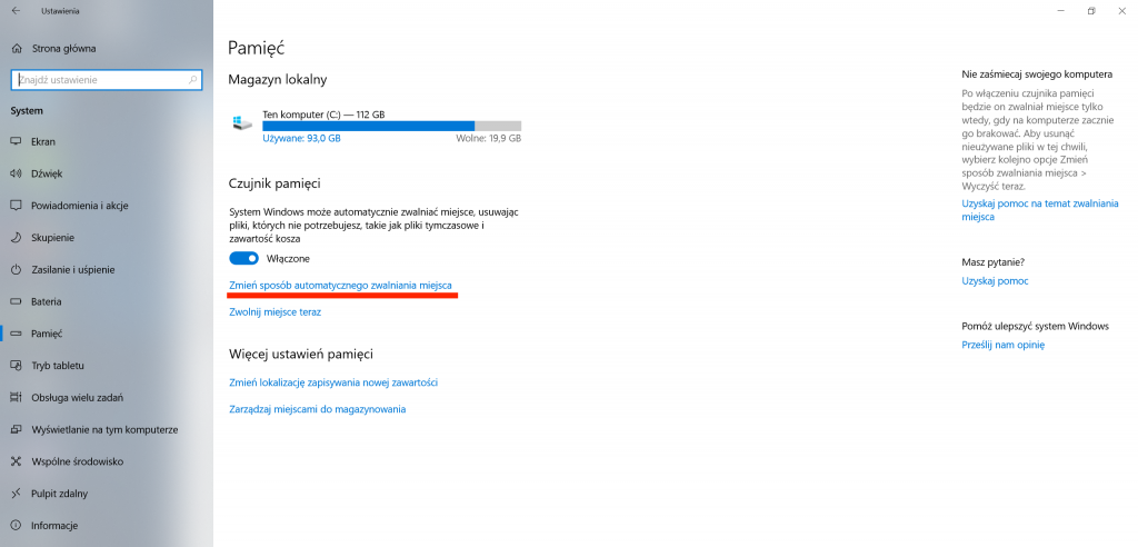 Ustawienia Pamięci - Windows 10
